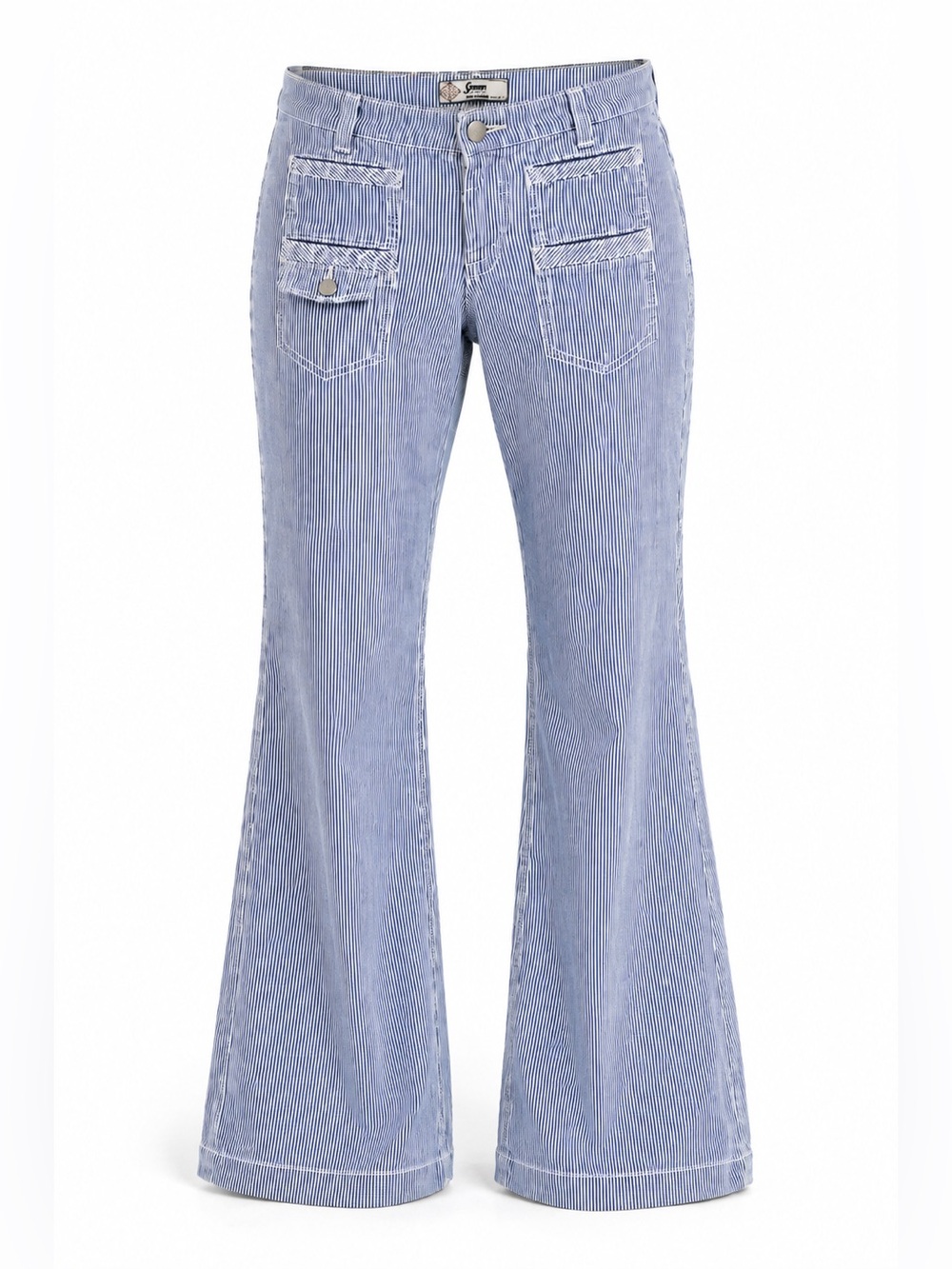 Seven For All Mankind Dojo Flare Jeans 26 Blue White Railroad Stripe - Picture 15 of 15